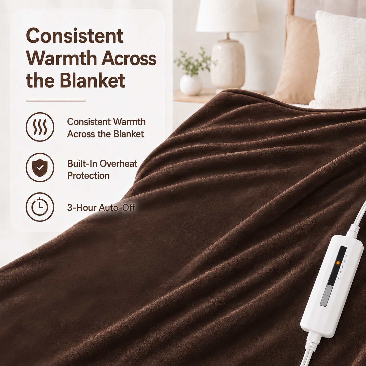 SUNNY HEAT Electric Blanket Heated Twin 62" x 84" -Fast Heating 5 Levels & 10H Auto off, Warm Soft Fannel Machine Washable, for Bed/Couch/Office, Cola Brown
