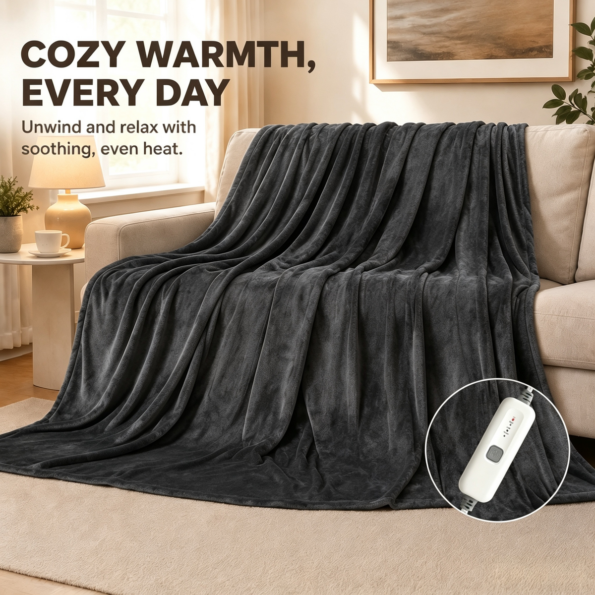 SUNNY HEAT Electric Heated Blanket Full Size 72" x 84" Soft Flannel with 4 Levels Heating & 10Hs Auto off, Machine Washable, Dark Gray