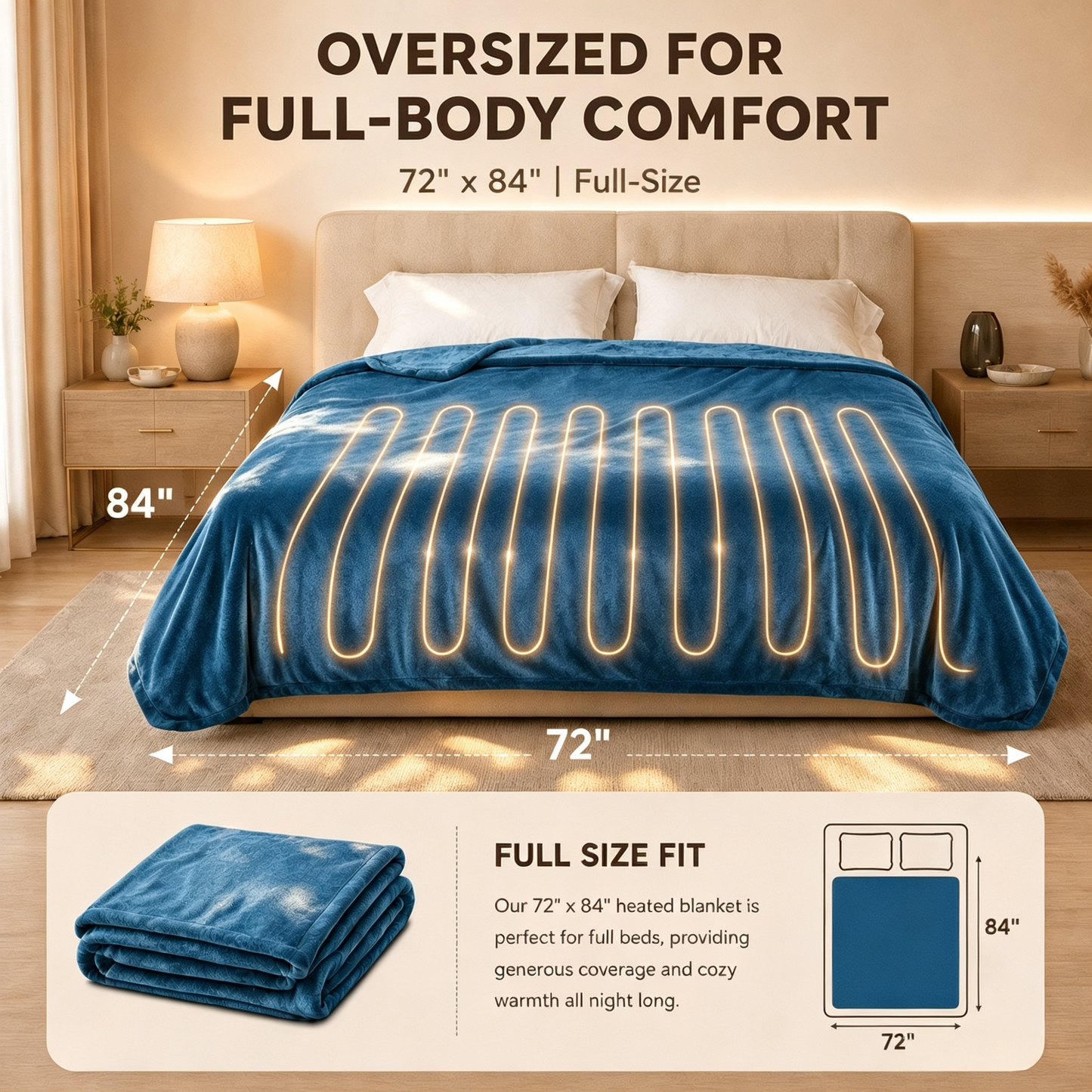 SUNNY HEAT Electric Heated Blanket Full Size 72" x 84" Soft Flannel with 4 Levels Heating & 10Hs Auto off, Machine Washable,Teal