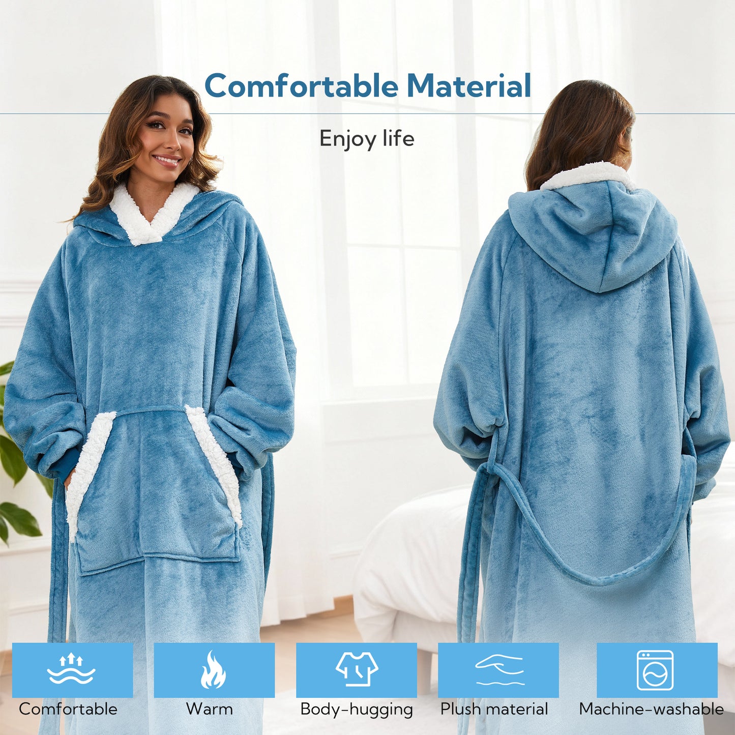 SUNNY HEAT Oversize Wearable Blanket, Blue - Warm Cozy for Bed Sofa Travel Use