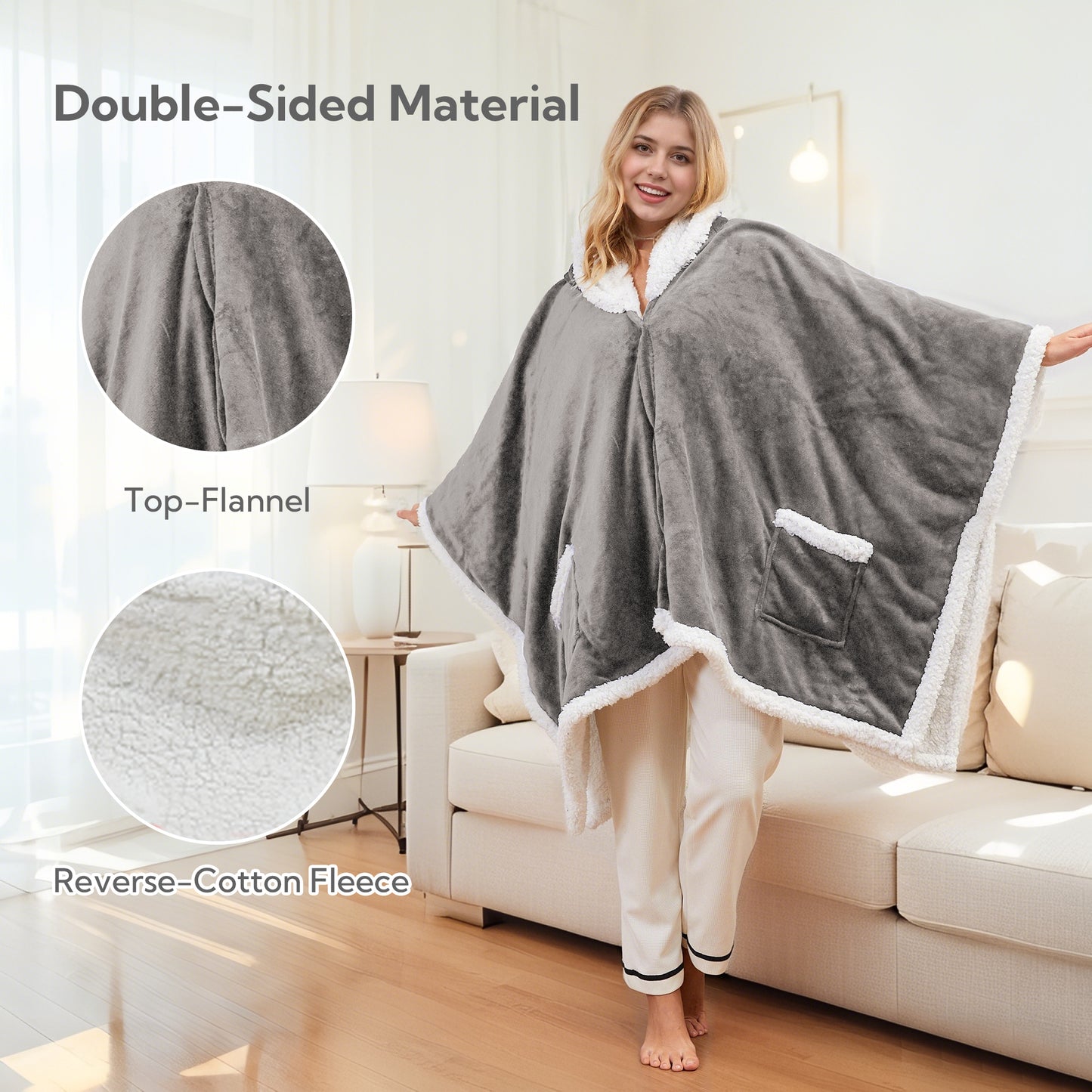 SUNNY HEAT Wearable Electric Heated Blanket 56"x63" , Soft Flanne & Cotton Fleecel,Warm and Cozy, Bed, Sofa,Travel Use,Light grey