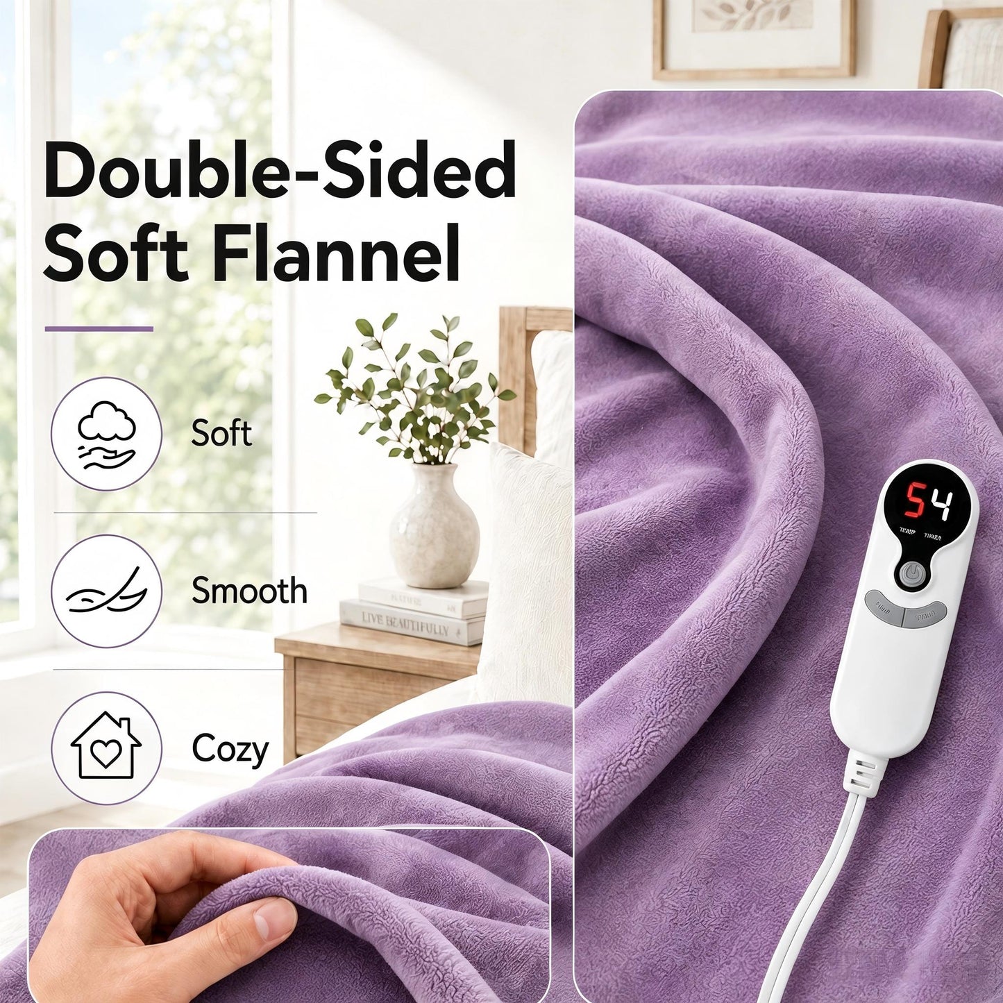 SUNNY HEAT Electric Blanket Heated Throw 50" x 60" -Fast Heating 9 Levels & 10H Auto off, Warm Soft Fannel Machine Washable, for Bed/Couch/Office, Dark Purple
