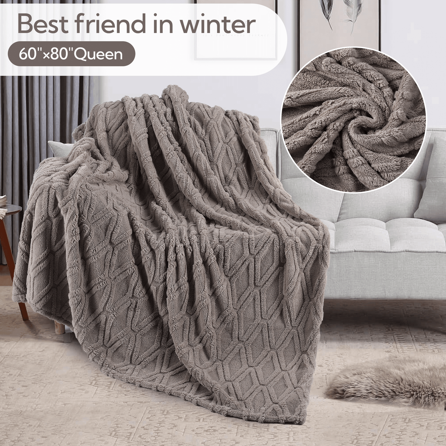 SUNNY HEAT Sherpa Blanket Queen Size 60''x80'' All-Season Ultra Soft Bed Blanket Couch, Bed, Sofa, Travel Use, Light Grey