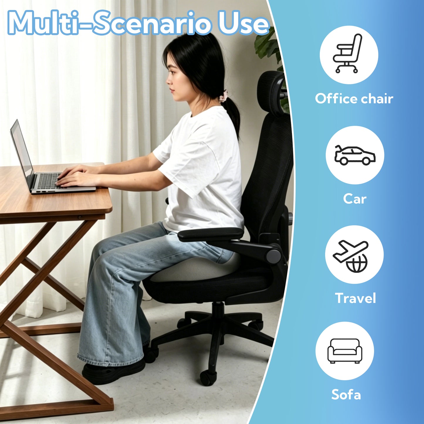 SUNNY HEAT Orthopedic Memory Foam Chair Cushion 17x14x3 - Pressure Relief Pad for Sitting, Coccyx Sciatica Pain Relief, Non-Slip Blue & White Cushion for Office Car Wheelchair