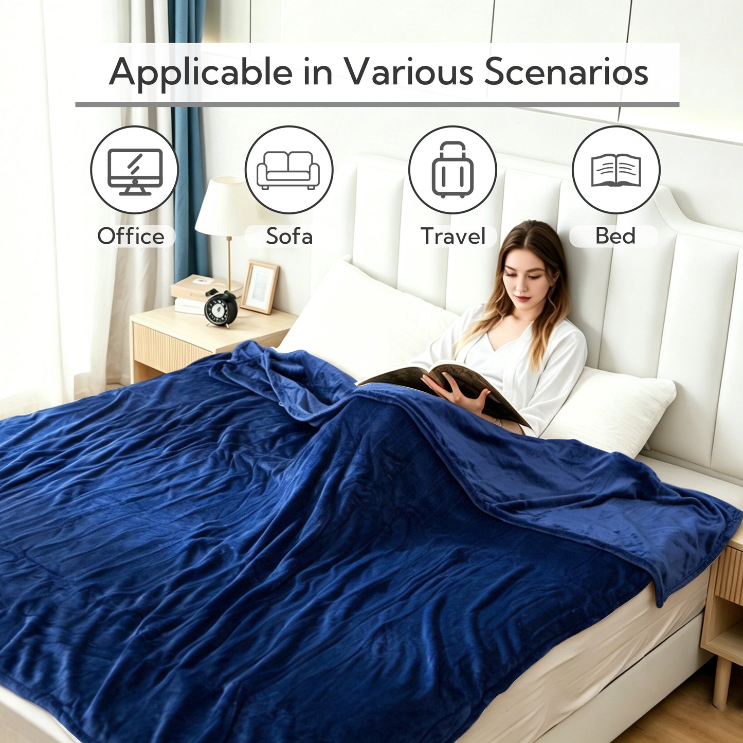 SUNNY HEAT Electric Heated Blanket Queen Size 84" x 90" Soft Flannel with 9 Levels Heating & 10Hs Auto off, Dual Controllers, Machine Washable, Navy Blue