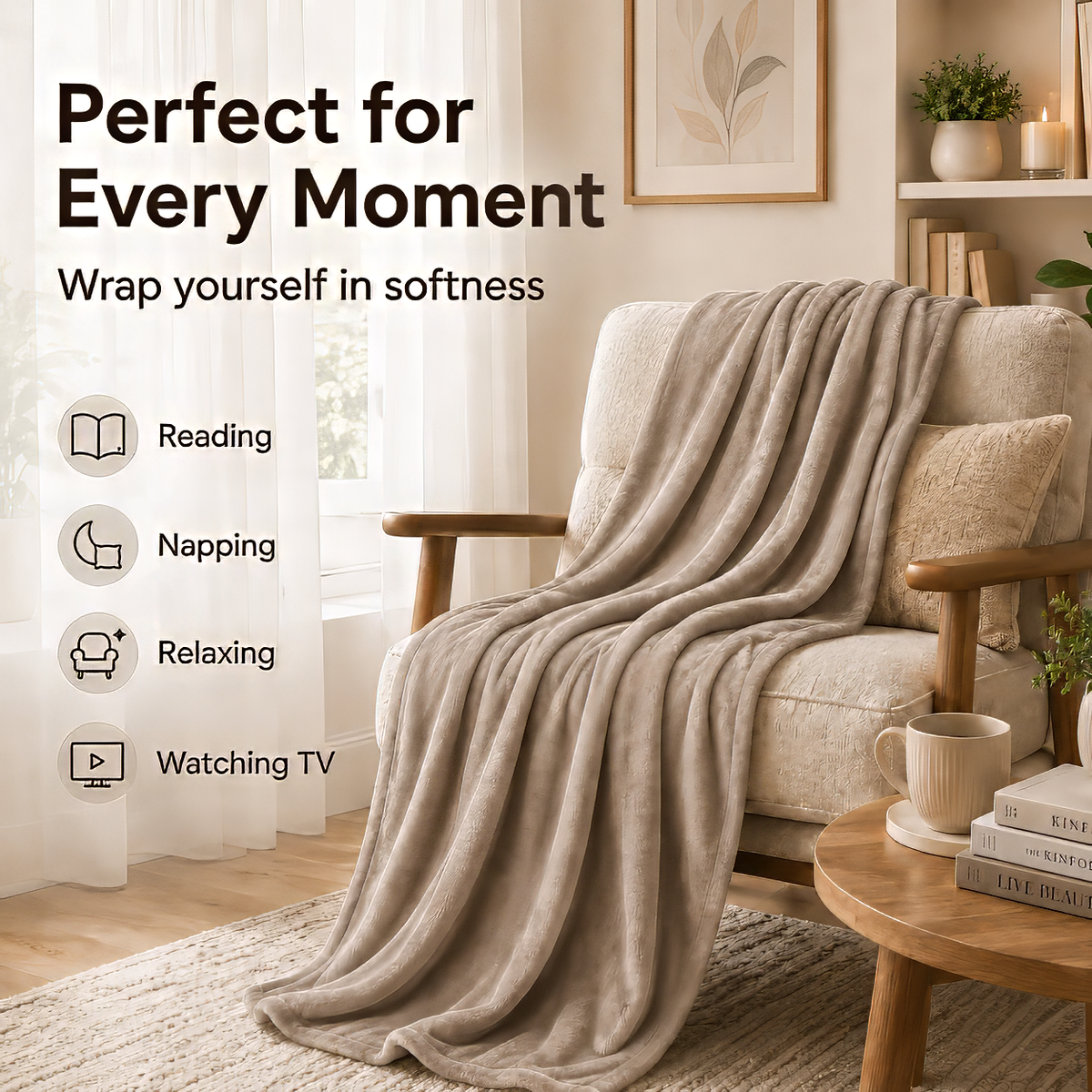 SUNNY HEAT Soft Flannel Blanket Summer Lightweight & Comfortable Bed Blanket Twin Size, Light Grey