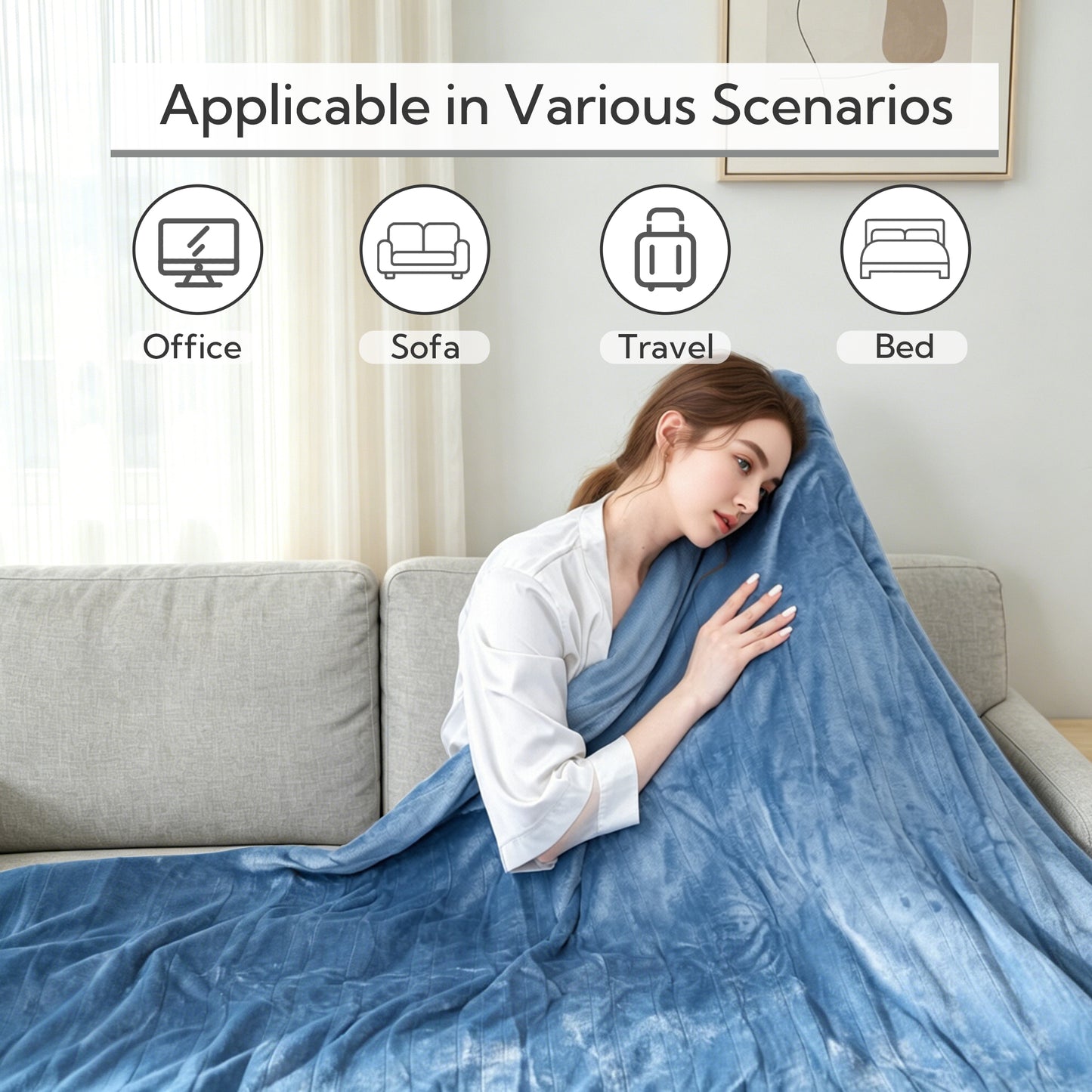 SUNNY HEAT Electric Heated Blanket Queen Size 84" x 90" Soft Flannel with 9 Levels Heating & 10Hs Auto off, Dual Controllers, Machine Washable, Blue Grey