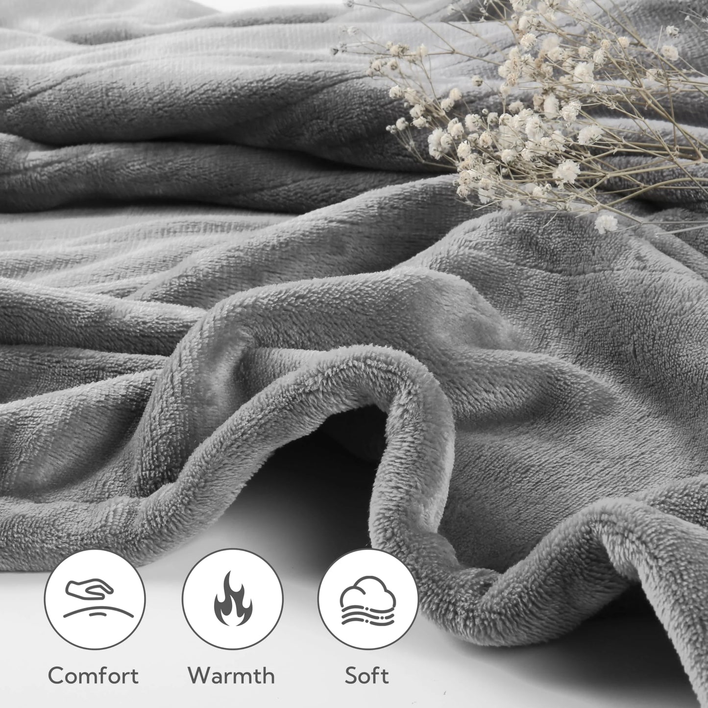 SUNNY HEAT Electric Heated Blanket Flannel King Size 90" x 100" Dual Control, 4 Heating Settings & 10 Hours Auto Off, Light Grey
