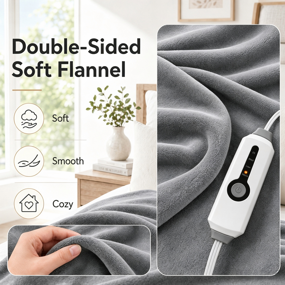 SUNNY HEAT Electric Heated Blanket Flannel 72" x 84" Full Size-4 Heating Settings & 10 Hours Auto off, Warm Machine Washable- Light Gray