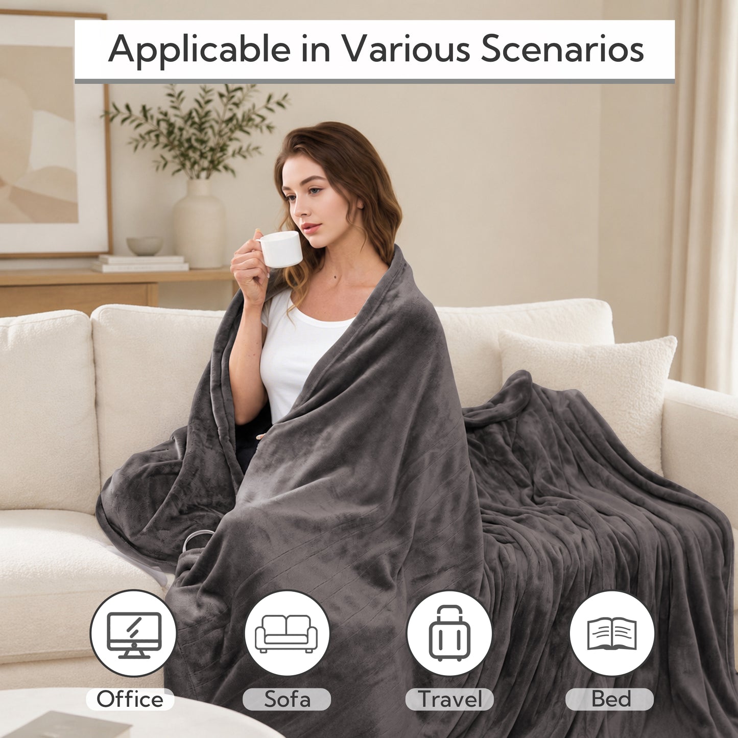SUNNY HEAT Electric Heated Blanket Twin Size 62" x 84" Soft Flannel with 5 Levels Heating & 10Hs Auto off, Machine Washable, Dark Gray