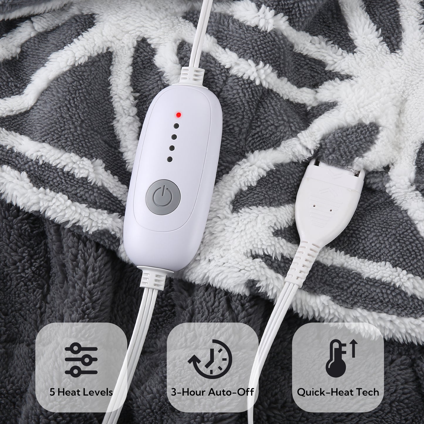 SUNNY HEAT Electric Heated Blanket 5 Heating Levels & 3 H Auto Shut Off, Warm Sherpa & Breathable, 50x60 Inch, Gray