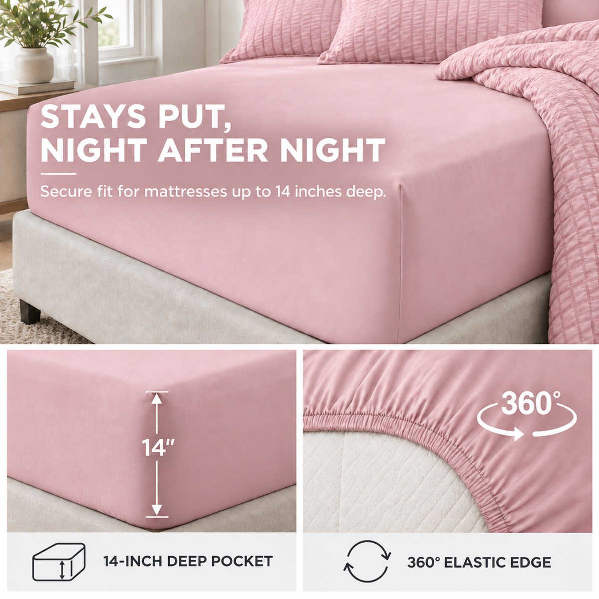 SUNNY HEAT Queen Size 8 Piece Seersucker Comforter Set, Soft Lightweight Bed in a Bag, Breathable All Season Bedding with Sheets, Pillowcases & Shams, Pink