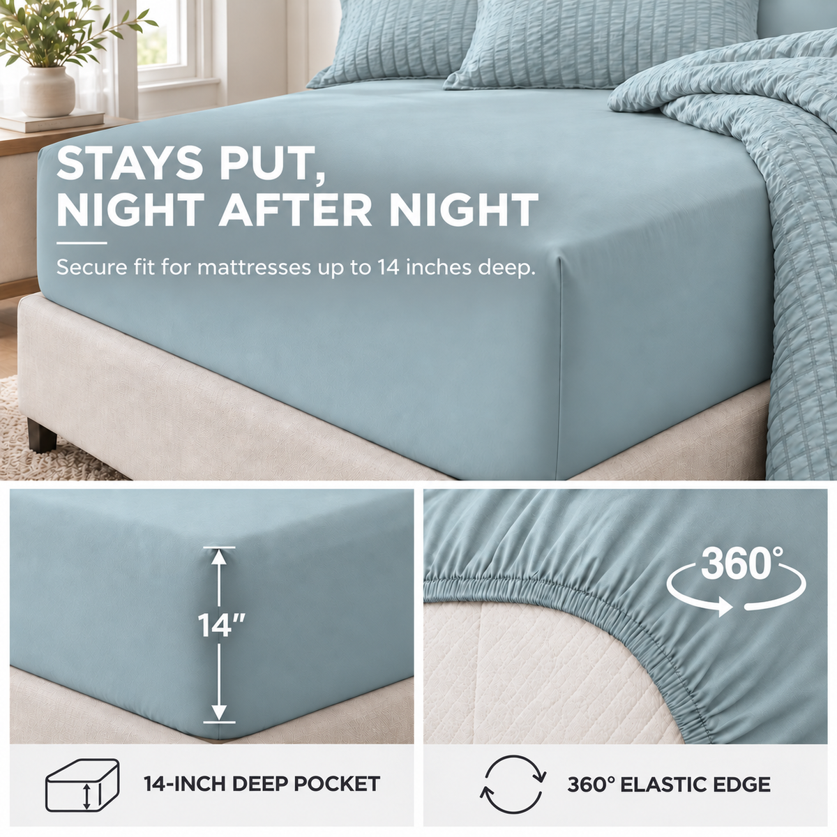 SUNNY HEAT Queen Size 8 Piece Seersucker Comforter Set, Soft Lightweight Bed in a Bag, Breathable All Season Bedding with Sheets, Pillowcases & Shams,Light Blue
