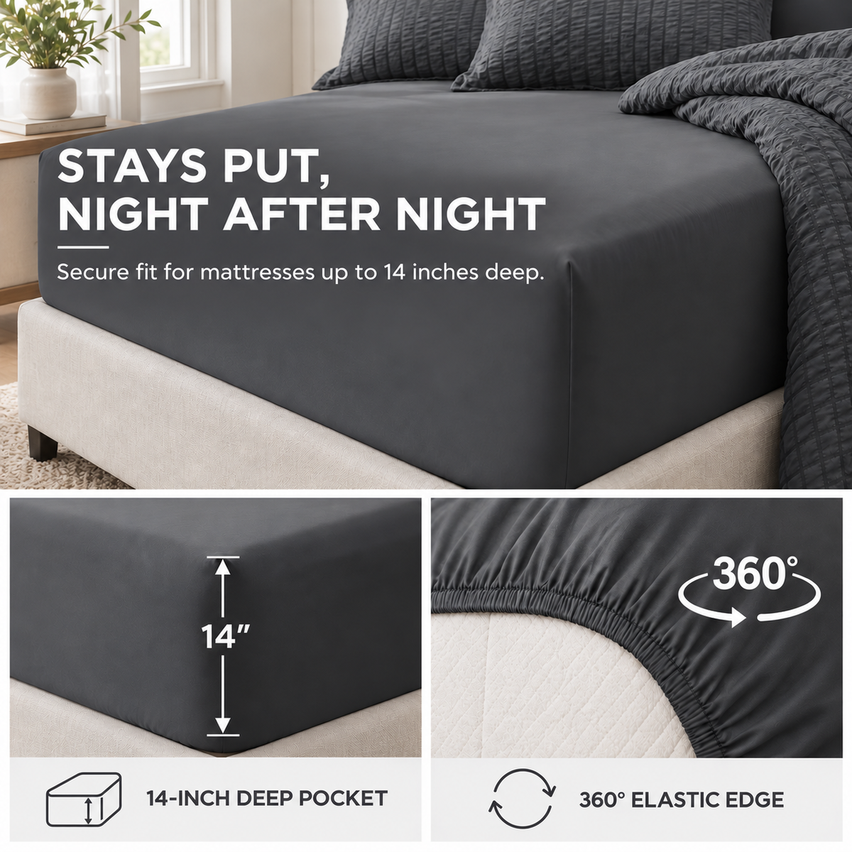 SUNNY HEAT Queen Size 8 Piece Seersucker Comforter Set, Soft Lightweight Bed in a Bag, Breathable All Season Bedding with Sheets, Pillowcases & Shams, Dark Grey