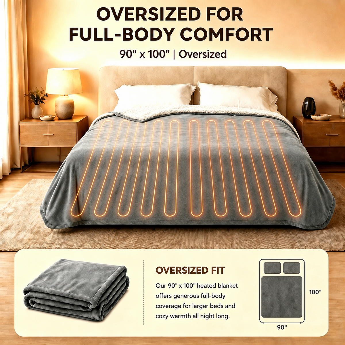 SUNNY HEAT Electric Blanket Heated King 90"×100" -Fast Heating 10 Levels & 1-12H Auto off, Washable, Light Gray