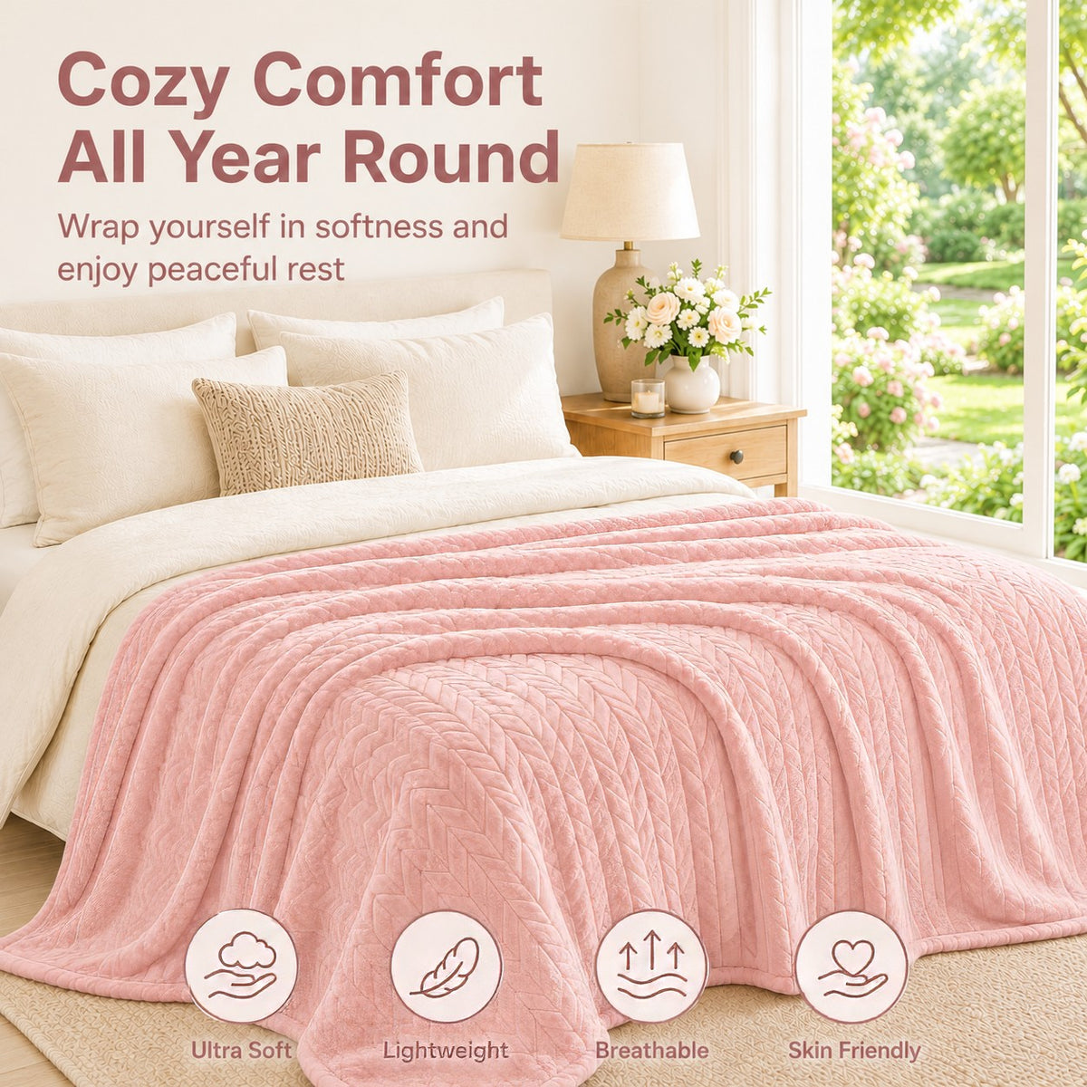 SUNNY HEAT Bed Blanket 70×80 Inches, Breathable and Cozy Microplush for Bed Sofa Couch, Summer Lightweight All-Season, Peach Pink