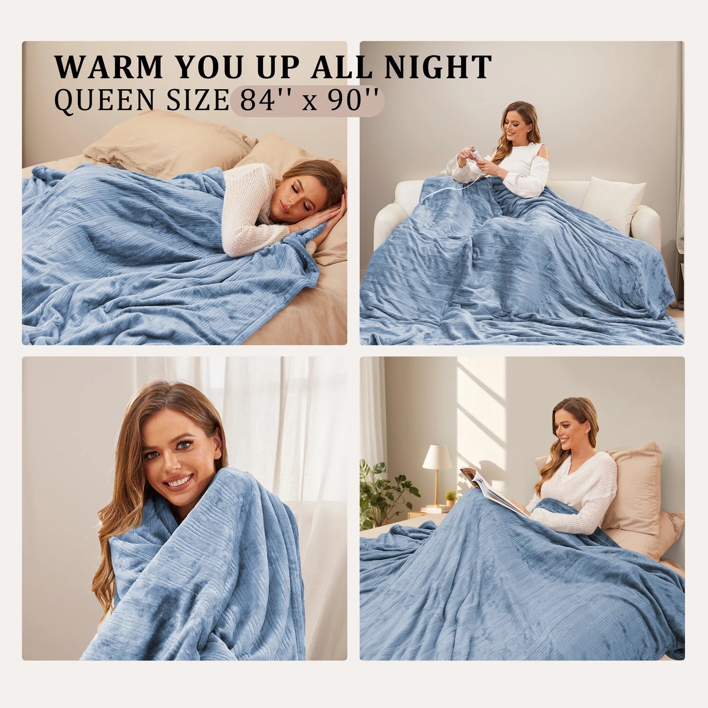 Electric Heated Blanket 84'' x 90'' Queen Size Flannel Machine Washable, Warm and Cozy all Night, Dual Control-Light Blue