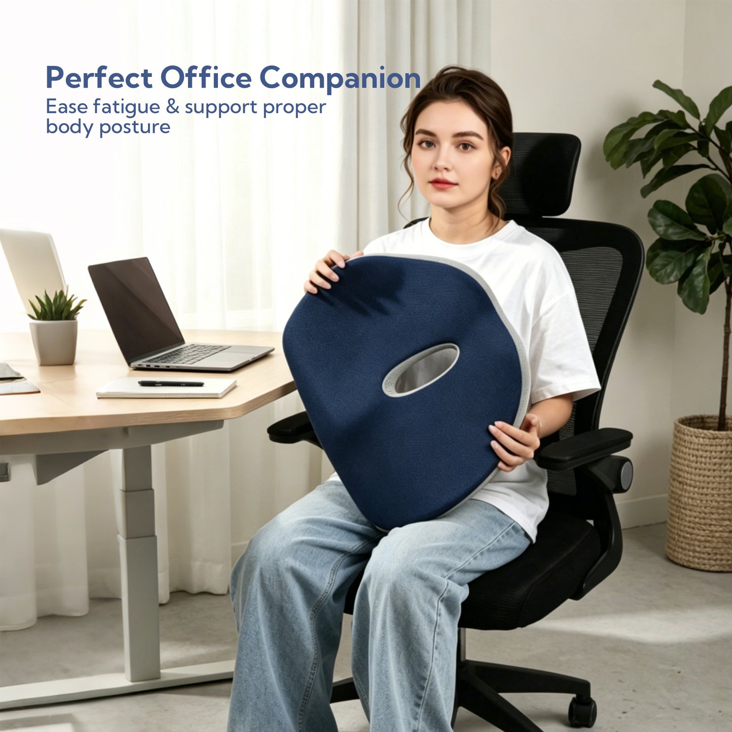 SUNNY HEAT Orthopedic Memory Foam Chair Cushion 17x14x3 - Pressure Relief Pad for Sitting, Coccyx Sciatica Pain Relief, Non-Slip Blue & White Cushion for Office Car Wheelchair