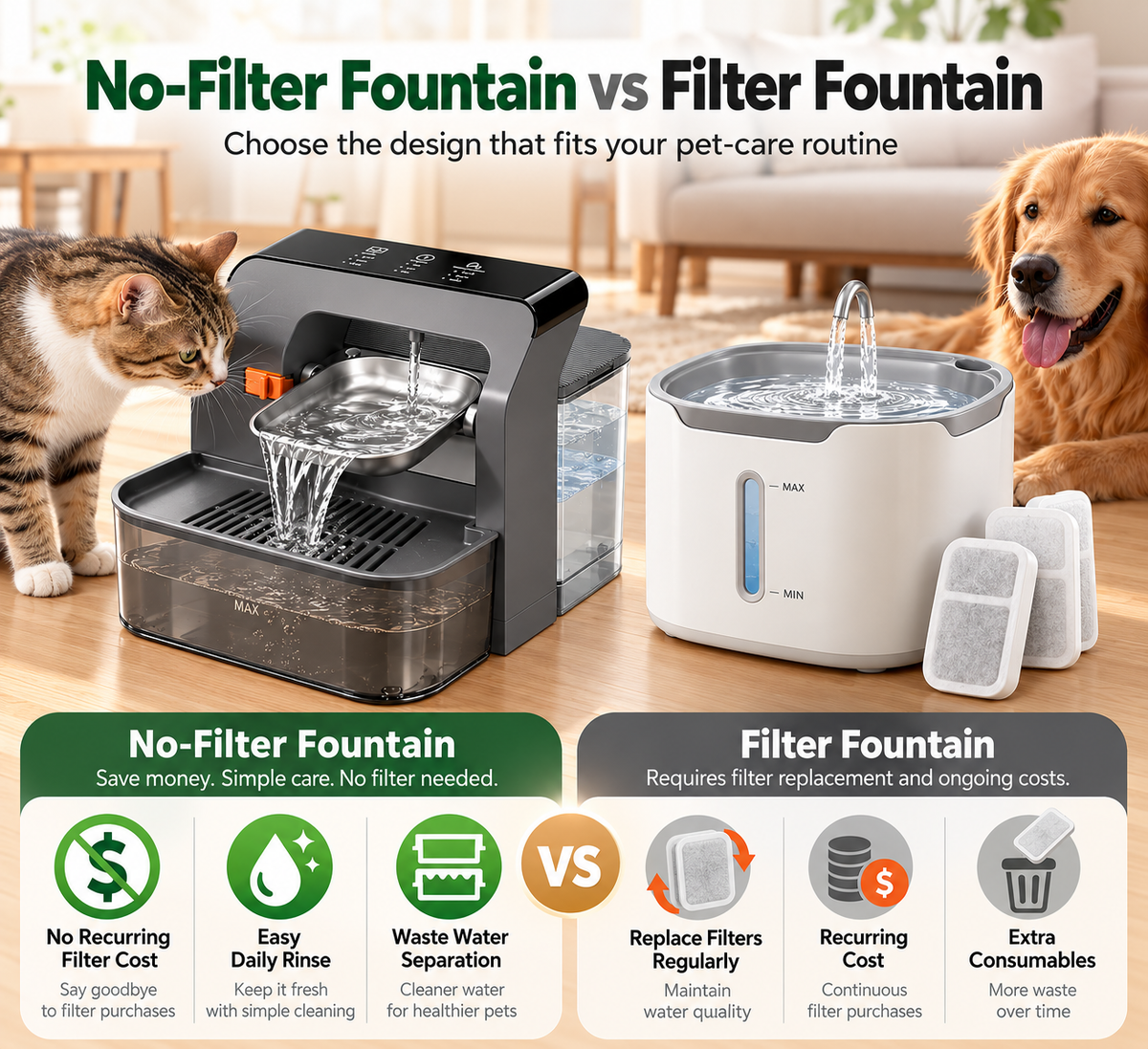 SUNNY HEAT Wireless Cat Water Fountain No Filter, 3.2L Pet Water Dispenser with Fresh & Waste Water Separation, Stainless Steel Bowl for Cats & Small Dogs, Black