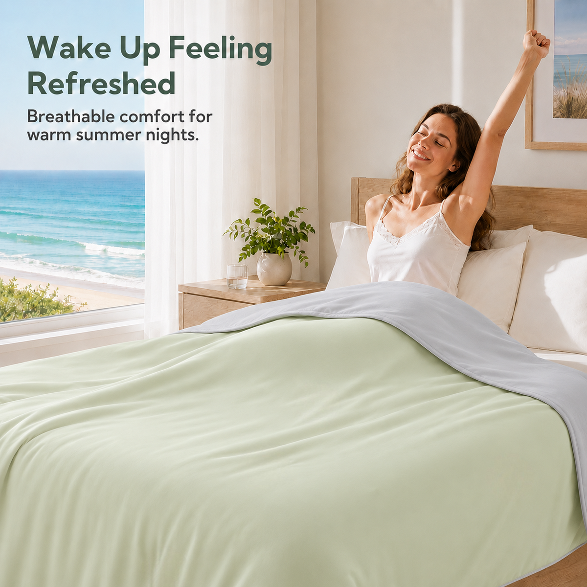 SUNNY HEAT Cooling Summer Comforter Full Size 79"x87", Cooling Blanket for Hot Sleepers, Lightweight Breathable Double-Sided Quilt, Gray & Icegreen