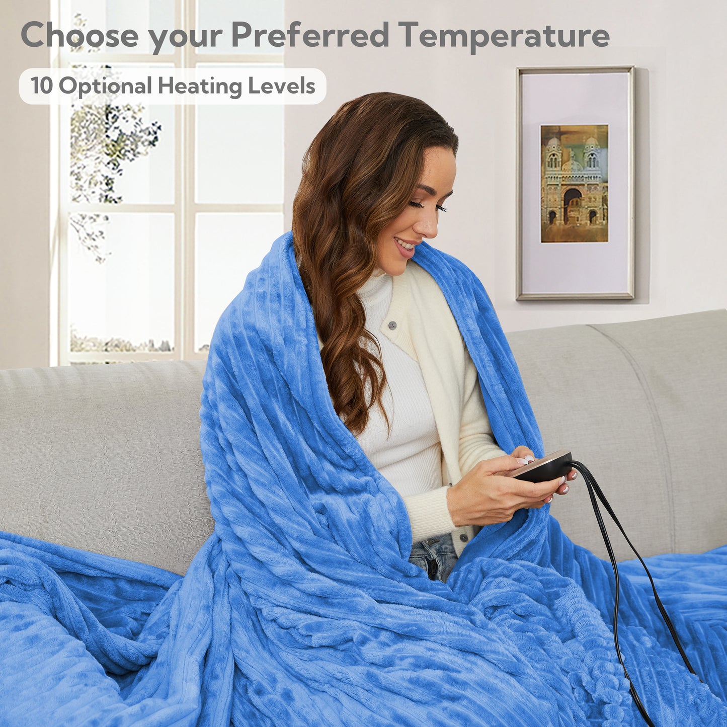 Heated Electric Blanket Ribbed Flannel 72"x84" Full Size - 10 Heating Settings & 12 Hours Auto off, Thick and Warm Washable - Blue