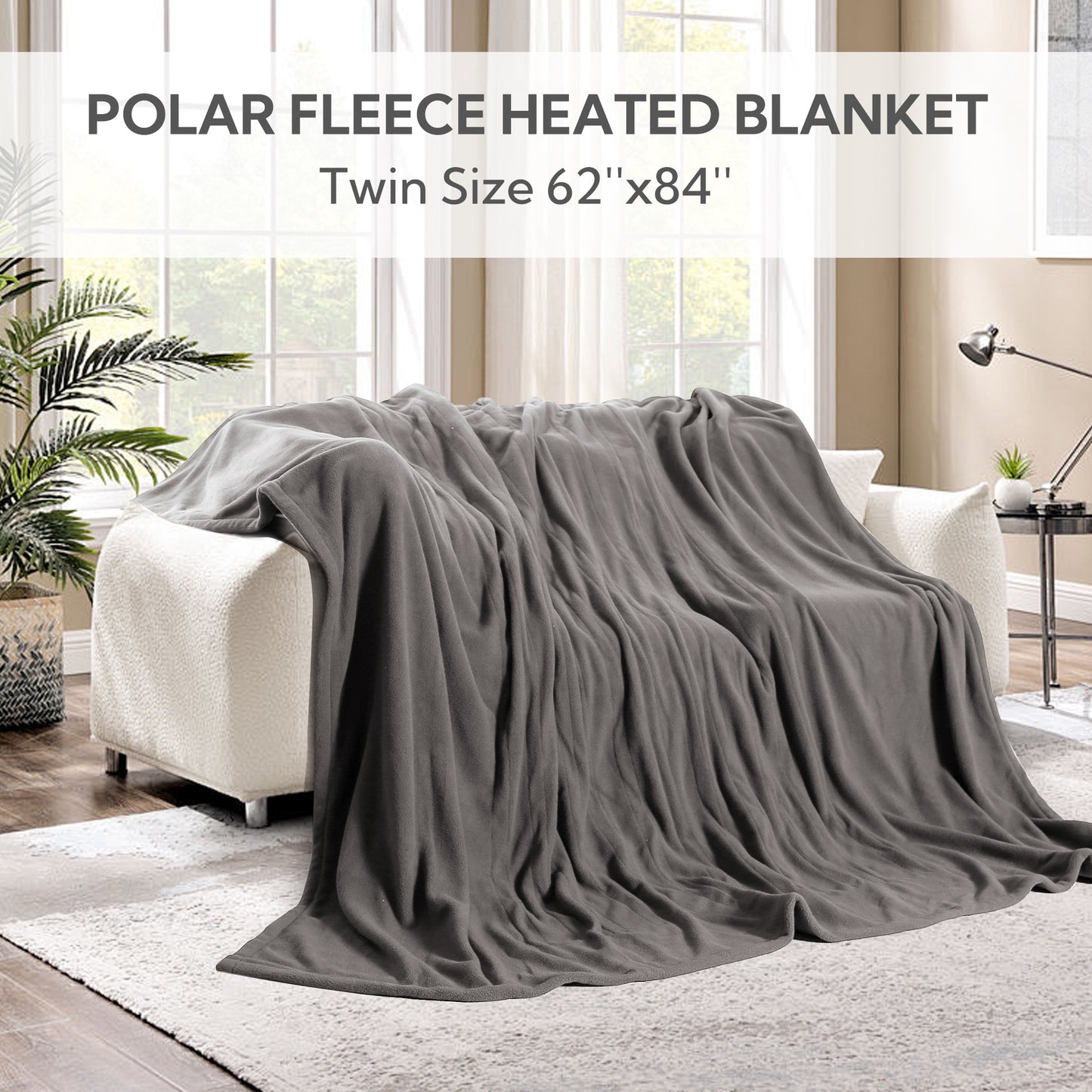 Electric Heated Blanket 62'' x 84'', Comfortable and Lightweight Polar Fleece Electric Blanket, Light Grey