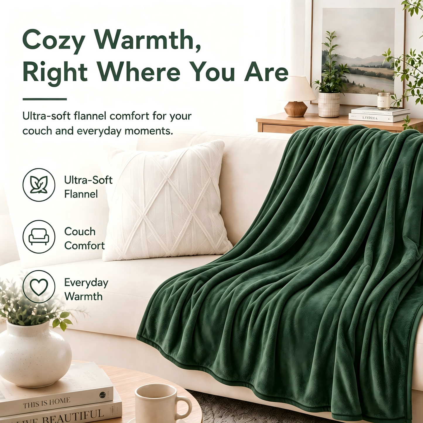 SUNNY HEAT Electric Blanket Heated Twin 62" x 84" -Fast Heating 5 Levels & 10H Auto off, Warm Soft Fannel Machine Washable, for Bed/Couch/Office, Pine Green