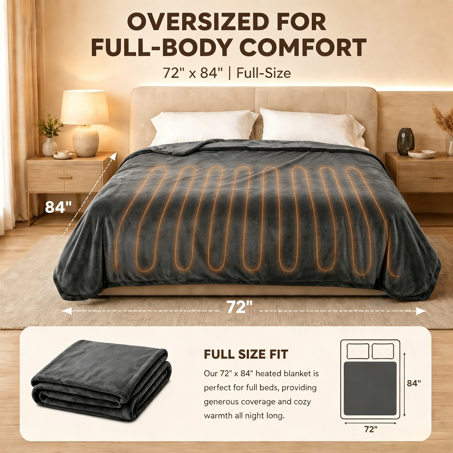 SUNNY HEAT Electric Heated Blanket Full Size 72" x 84" Soft Flannel with 4 Levels Heating & 10Hs Auto off, Machine Washable, Dark Gray