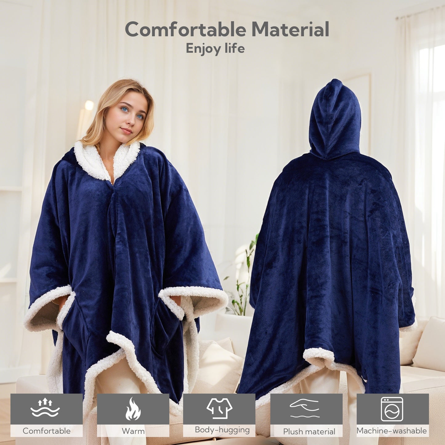 SUNNY HEAT Wearable Electric Heated Blanket 56"x63" , Soft Flanne & Cotton Fleecel,Warm and Cozy, Bed, Sofa,Travel Use,Navy blue