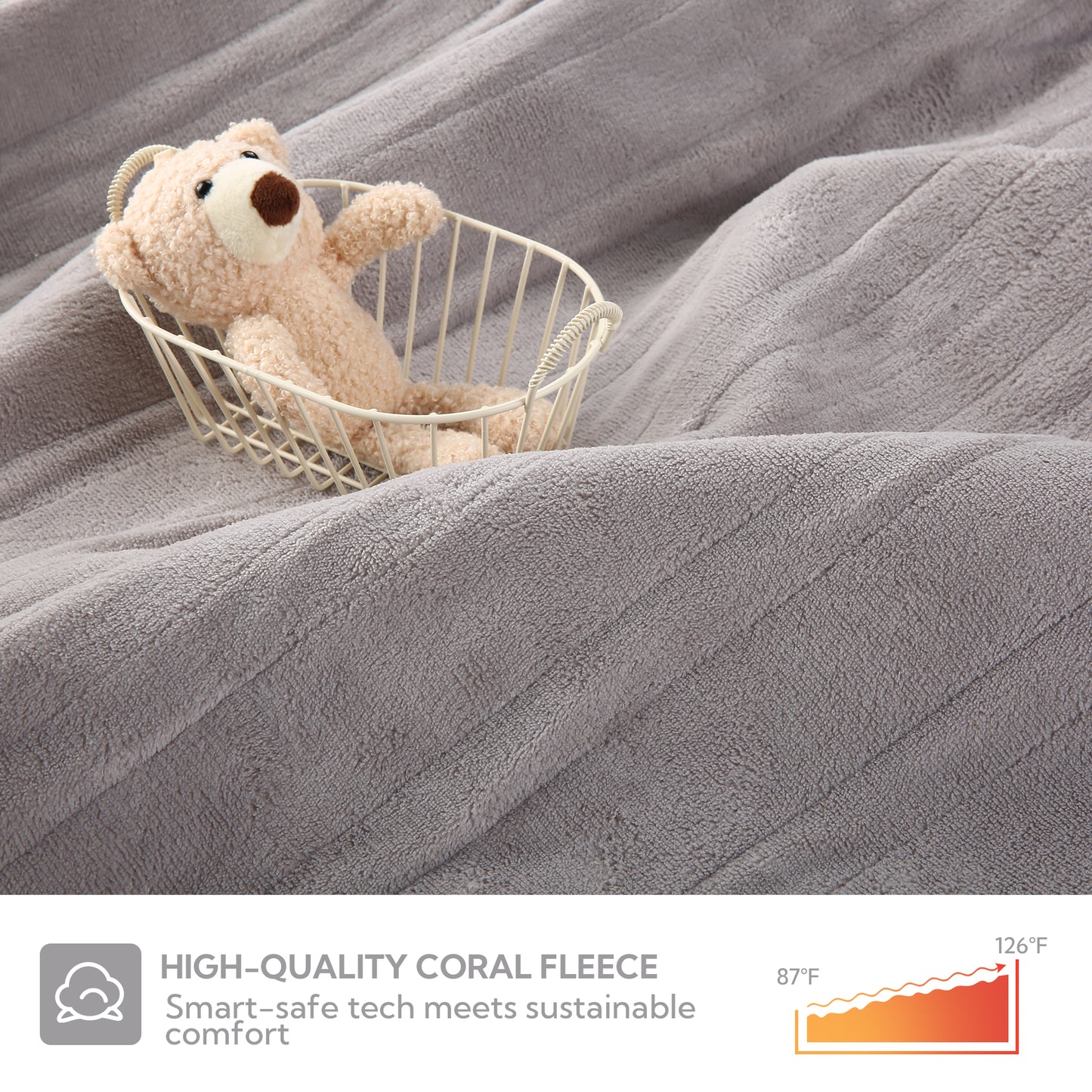 SUNNY HEAT Electric Mattress Pad King Size with Dual Control 4 Temperature 10H Auto-off, Coral Fleece, Light Grey