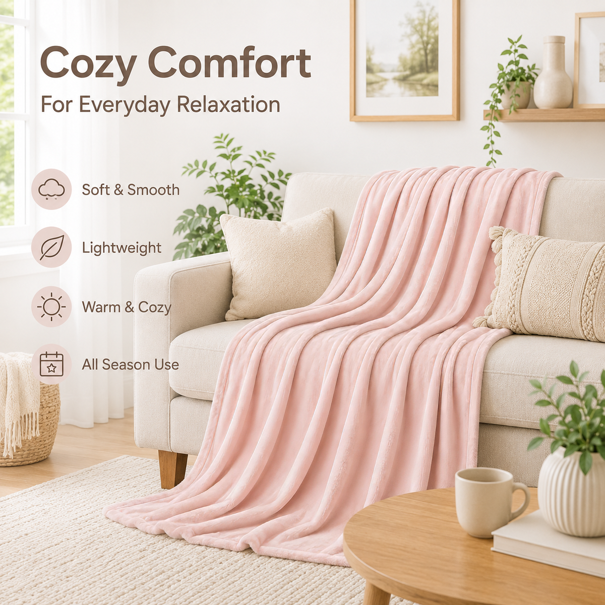 SUNNY HEAT Soft Flannel Blanket Summer Lightweight & Comfortable Bed Blanket Twin Size, Light Pink