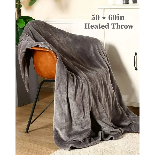 SUNNY HEAT Electric Heated Blanket Throw Flannel 50" x 60" Throw Size-4 Heating Settings & 3 Hours Auto off, Soft Machine Washable-Light Grey