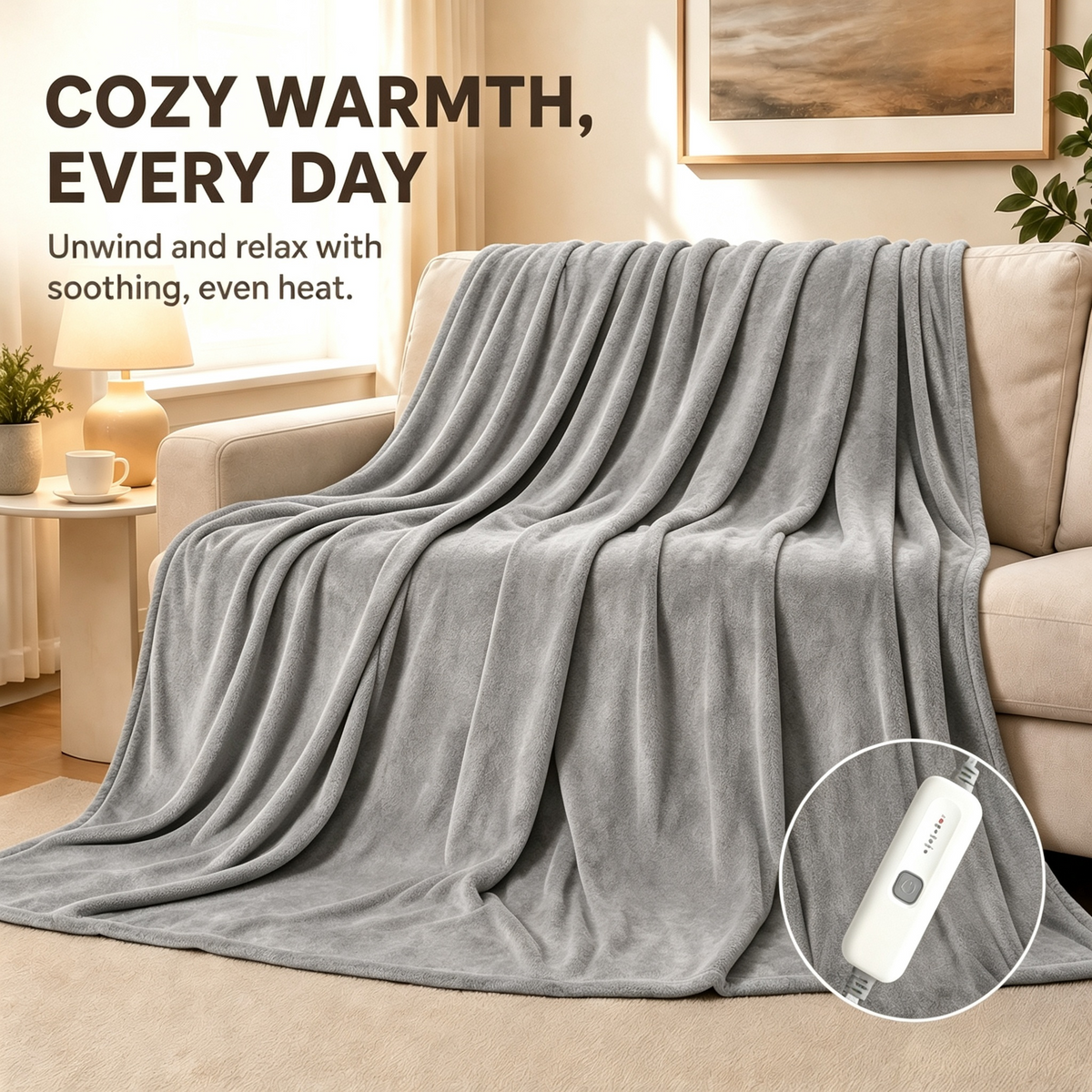 SUNNY HEAT Electric Heated Blanket Full Size 72" x 84" Soft Flannel with 4 Levels Heating & 10Hs Auto off, Machine Washable, Light Gray