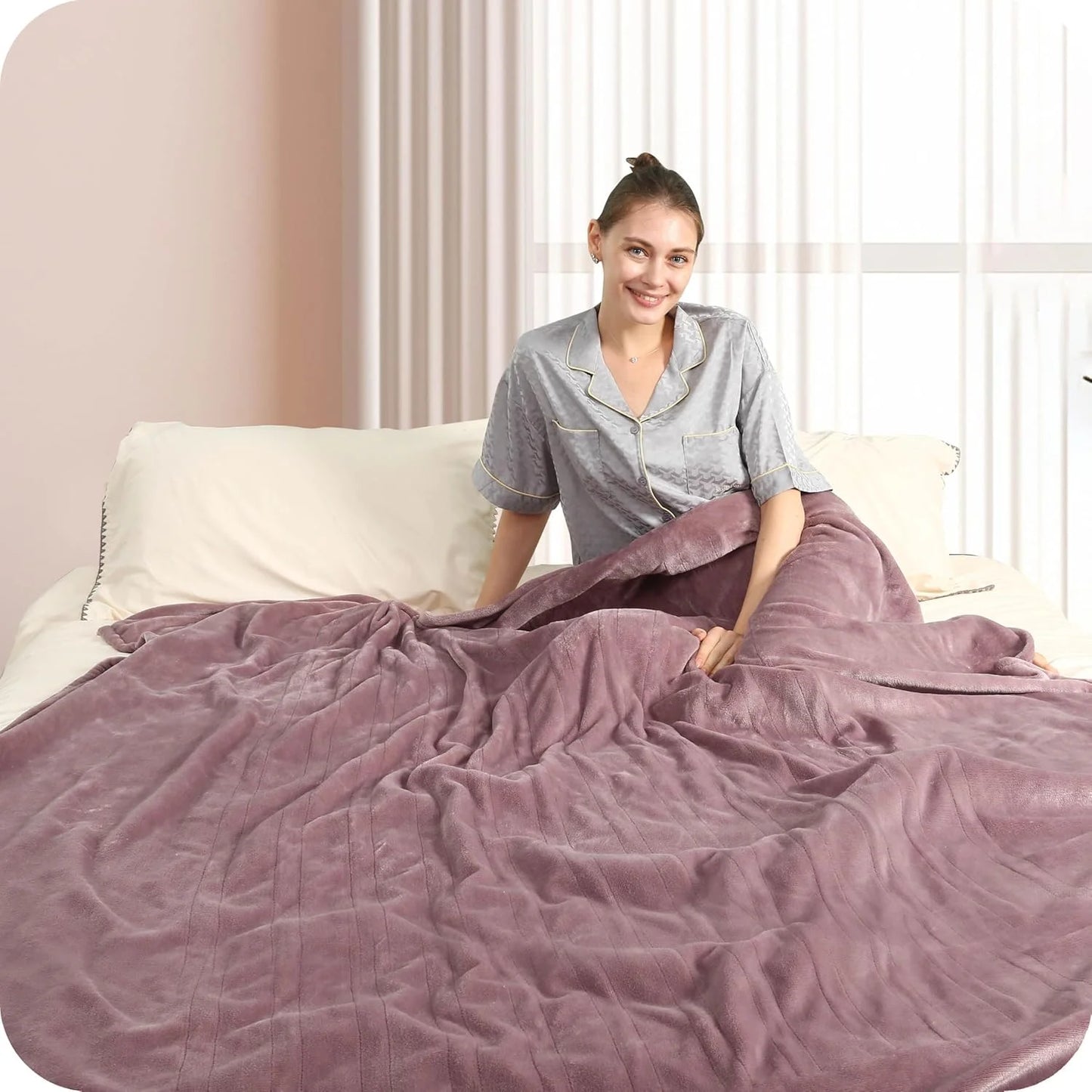 SUNNY HEAT Electric Heated Blanket Flannel Queen Size 84" x 90", 4 Heating Settings & 10 Hours Auto Off, Cozy Dual Control, Purple