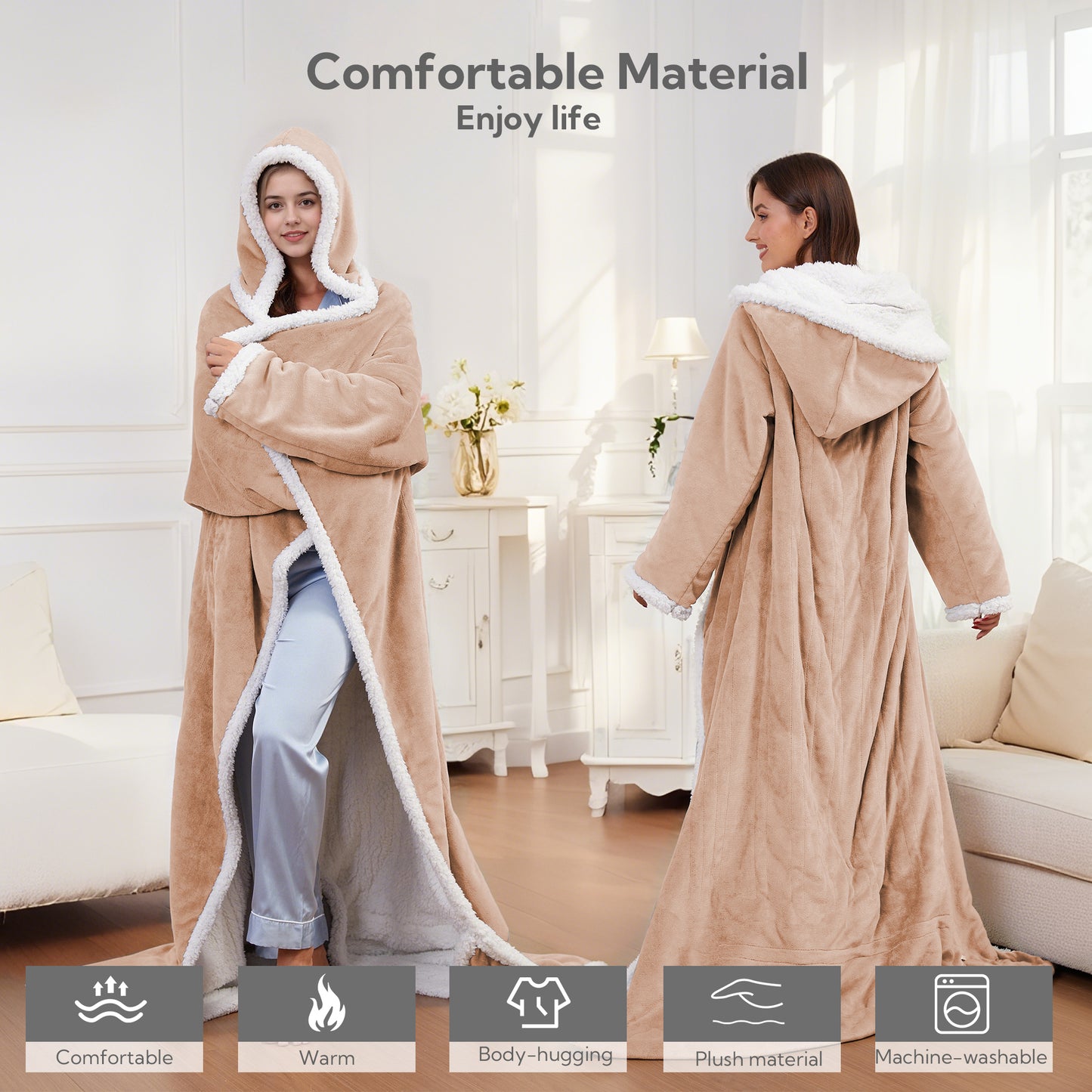 SUNNY HEAT Wearable Electric Heated Blanket 50"x70" , Soft Flanne & Cotton Fleecel,Warm and Cozy, Bed, Sofa,Travel Use,khaki
