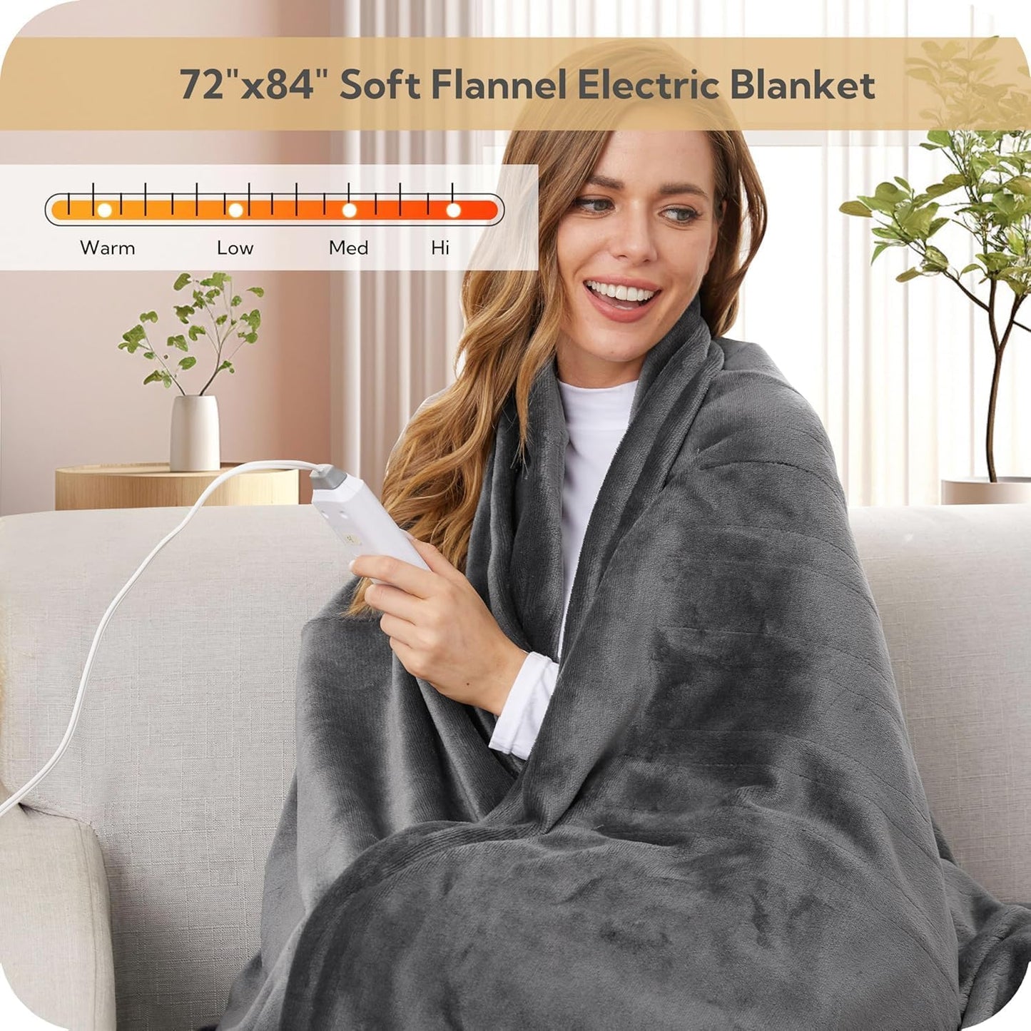 SUNNY HEAT Electric Heated Blanket Flannel 72" x 84" Full Size-4 Heating Settings &amp; 10 Hours Auto Off, Warm Machine Washable- Light Gray