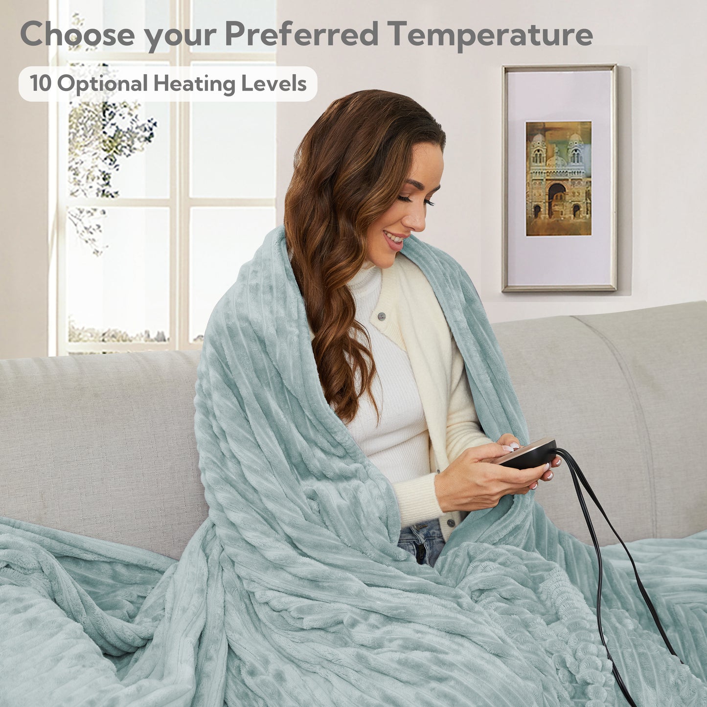 Heated Electric Blanket Ribbed Flannel 72"x84" Full Size - 10 Heating Settings & 12 Hours Auto off, Thick and Warm Washable - Mint Green