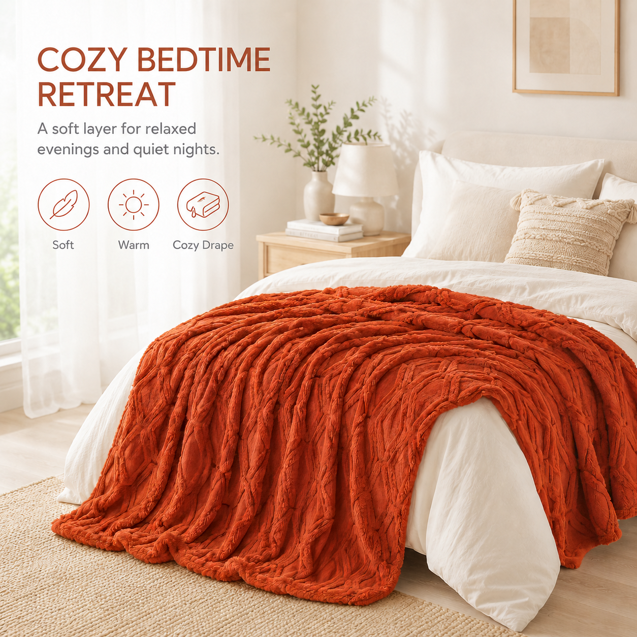 SUNNY HEAT Bed Blanket 78×90 Inches, Breathable and Cozy Microplush for Bed Sofa Couch, Suitable for All Seasons, Orange