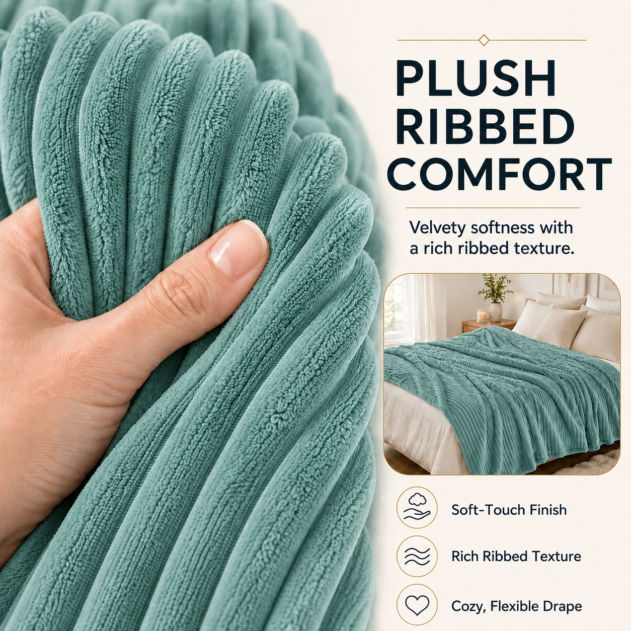 SUNNY HEAT Heated Electric Blanket Ribbed Flannel 50"x60" Throw Size - 9 Heating Levels & 1-10 Hours Auto Off, Thick and Warm Washable - Pea Green