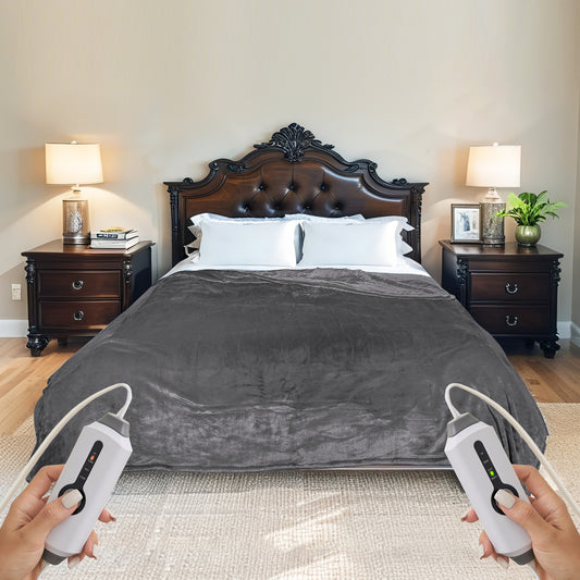 SUNNY HEAT Electric Heated Blanket Flannel King Size 90" x 100" Dual Control, 4 Heating Settings & 10 Hours Auto Off, Light Grey