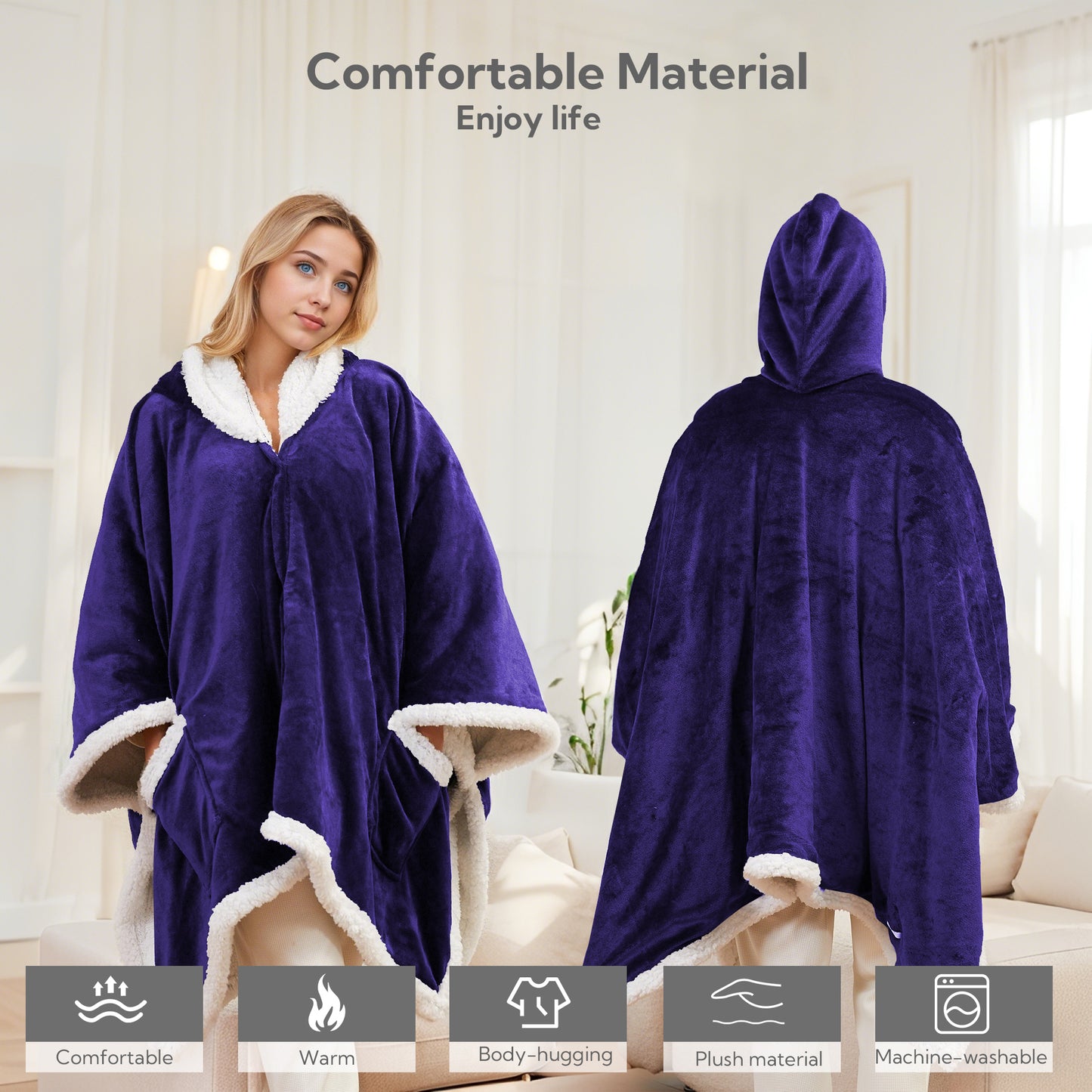 SUNNY HEAT Wearable Electric Heated Blanket 56"x63" , Soft Flanne & Cotton Fleecel,Warm and Cozy, Bed, Sofa,Travel Use,Purple