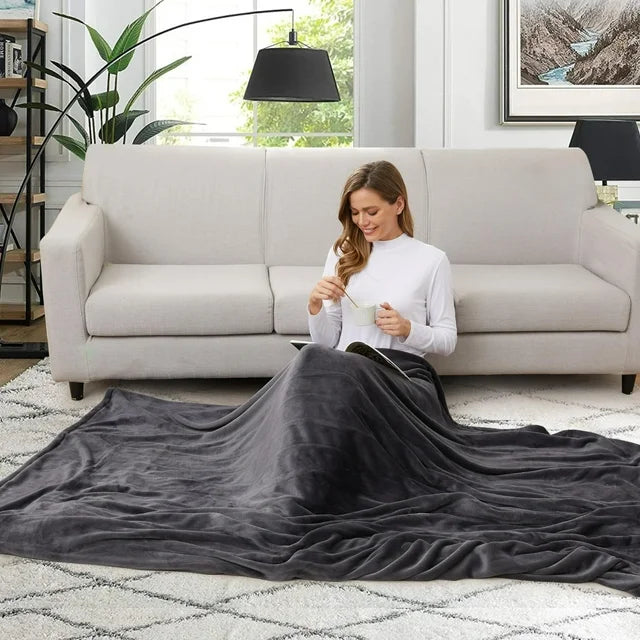 SUNNY HEAT Electric Heated Blanket 50" x 60" Throw Size-4 Heating Settings & 3 Hours Auto off, Microplush Machine Washable-Dark Grey
