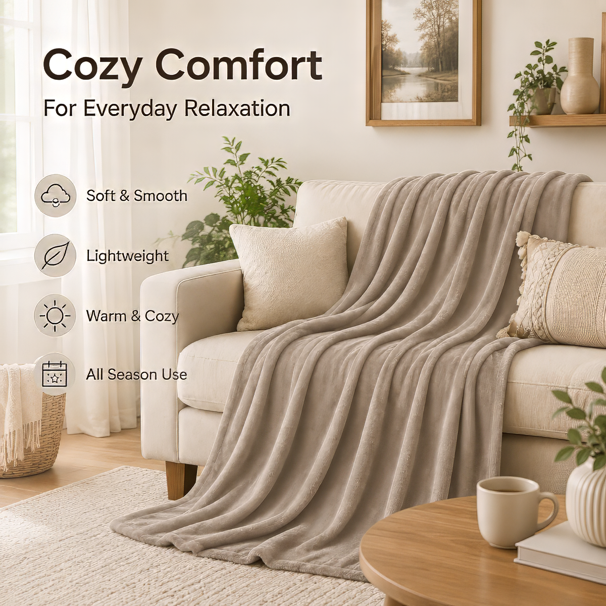 SUNNY HEAT Soft Flannel Blanket Summer Lightweight & Comfortable Bed Blanket Twin Size, Light Grey