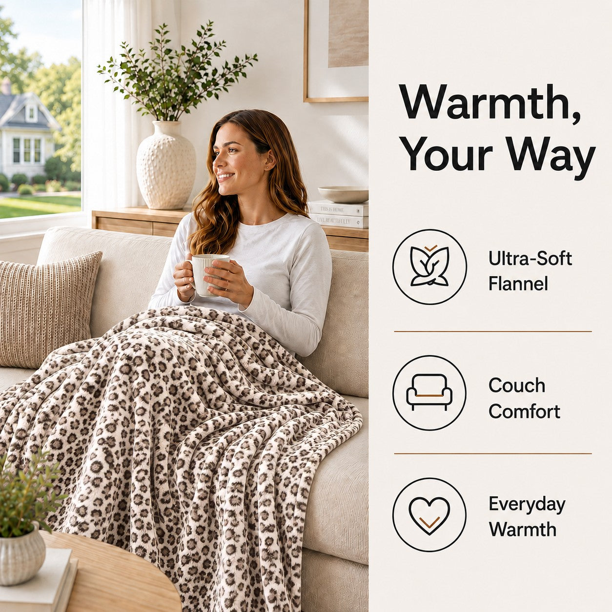SUNNY HEAT Electric Blanket Heated Throw 50" x 60" -Fast Heating 9 Levels & 10H Auto off, Warm Soft Fannel Machine Washable, for Bed/Couch/Office, Beige Leopard Print