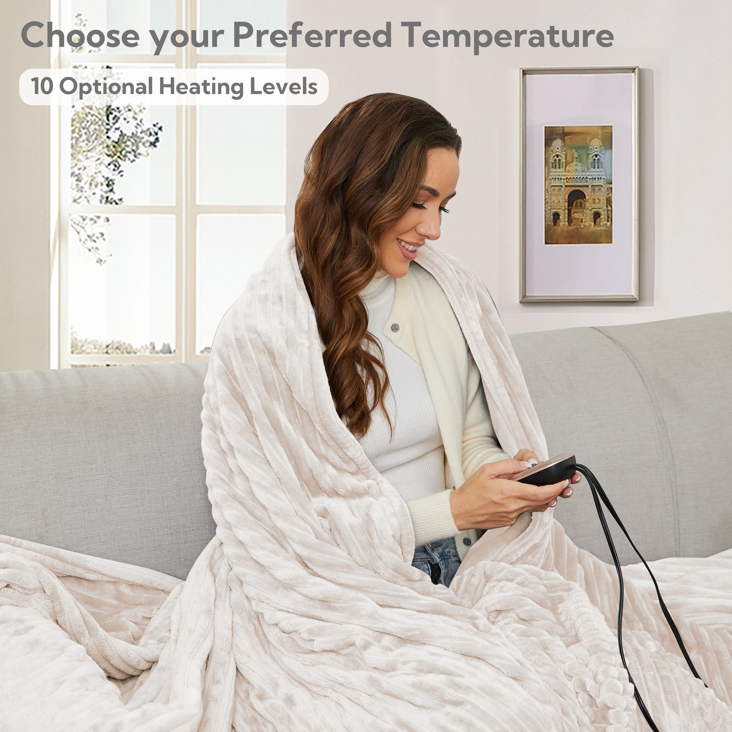 Heated Electric Blanket Ribbed Flannel 72"x84" Full Size - 10 Heating Settings & 12 Hours Auto off, Thick and Warm Washable - White