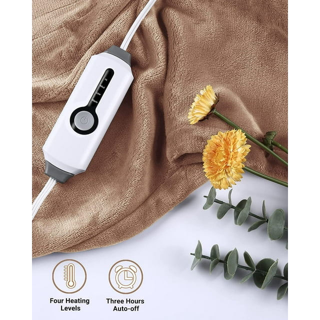 SUNNY HEAT Electric Heated Blanket Throw Flannel 50" x 60" Throw Size-4 Heating Settings & 10 Hours Auto off, Soft Machine Washable-Light Brown