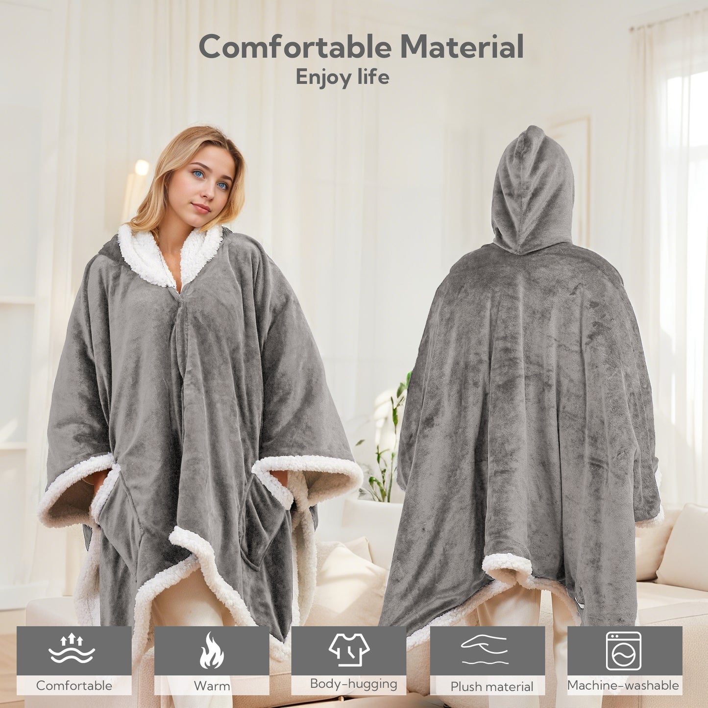 SUNNY HEAT Wearable Electric Heated Blanket 56"x63" , Soft Flanne & Cotton Fleecel,Warm and Cozy, Bed, Sofa,Travel Use,Light grey