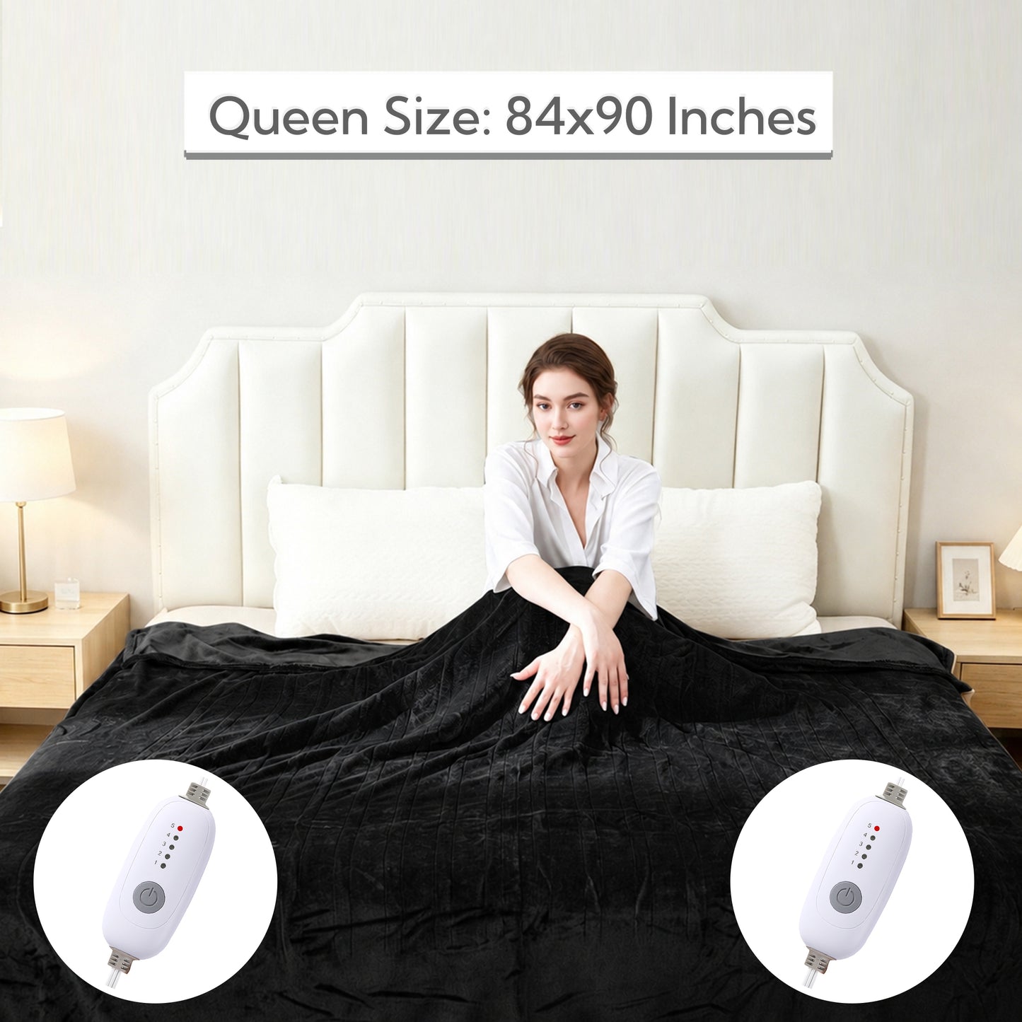 SUNNY HEAT Electric Heated Blanket Queen Size 84" x 90" Soft Flannel with 5 Levels Heating & 10Hs Auto off, Dual Controllers, Dual Zone Temperature Control, Black