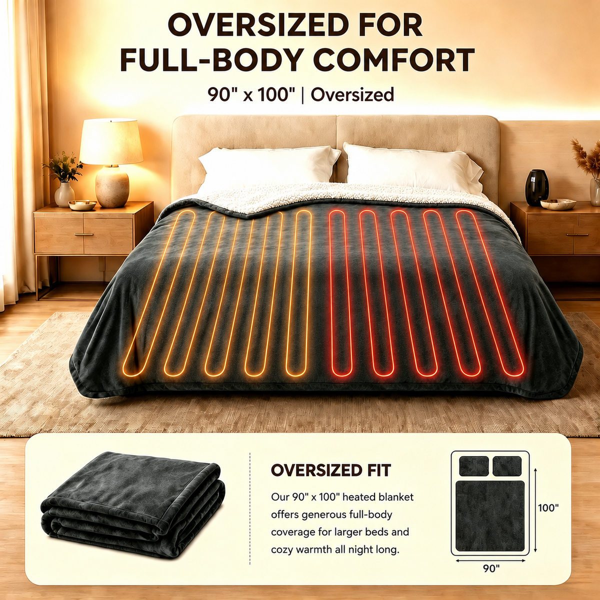 SUNNY HEAT Electric Blanket Heated King 90"×100" -Fast Heating 10 Levels & 1-12H Auto off, Washable, Dark Grey