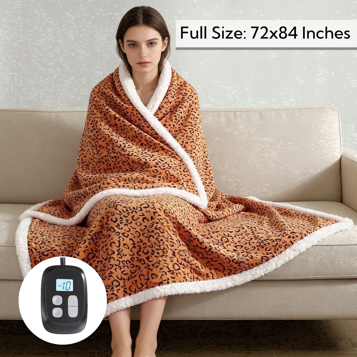 SUNNY HEAT Heated Electric Blanket Full Size 72'' x 84'' 10 Heating Levels & 1-12 Hours Auto Off , Leopard Black & Yellow